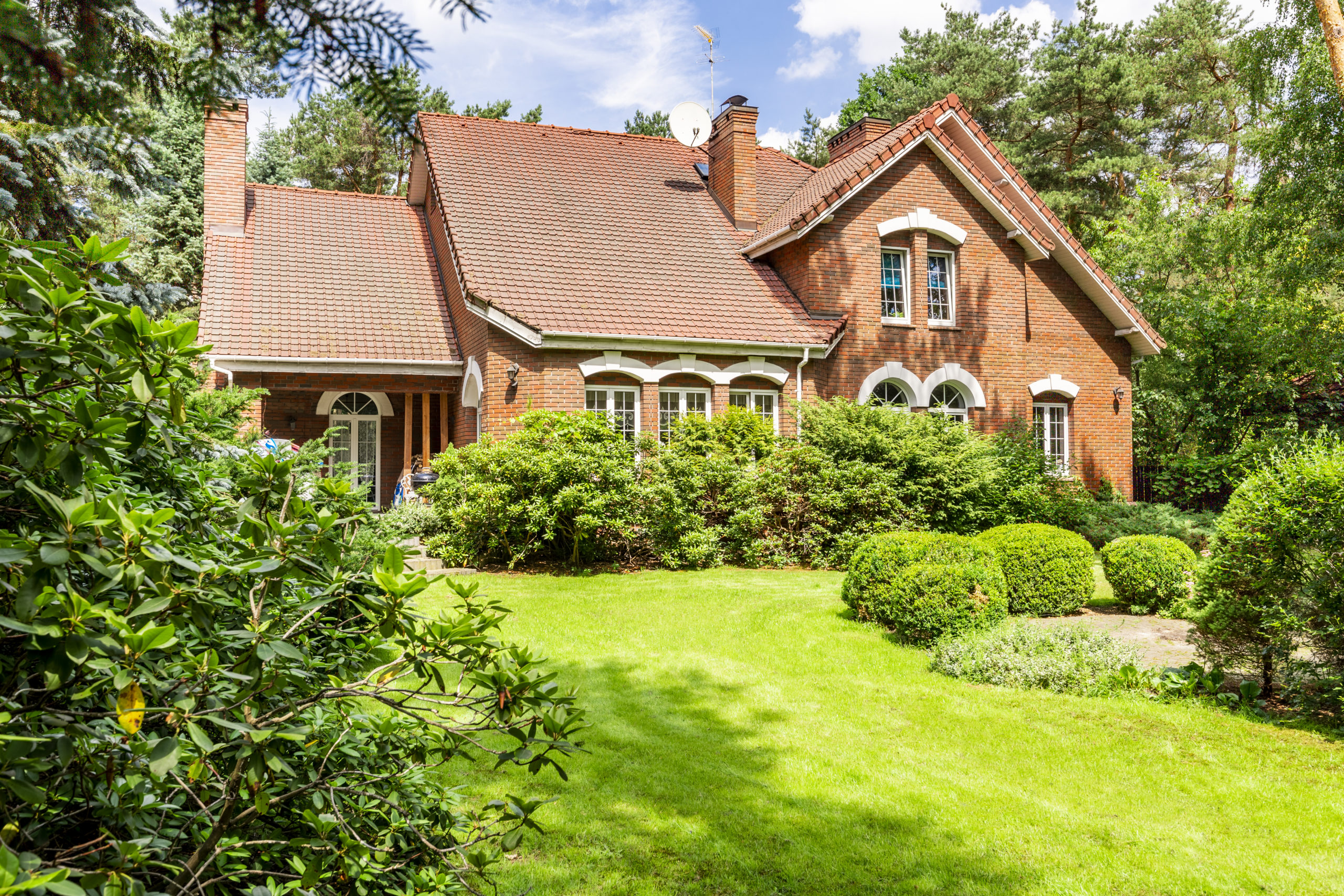 Backyard of a beautiful english style house with bushes and gree